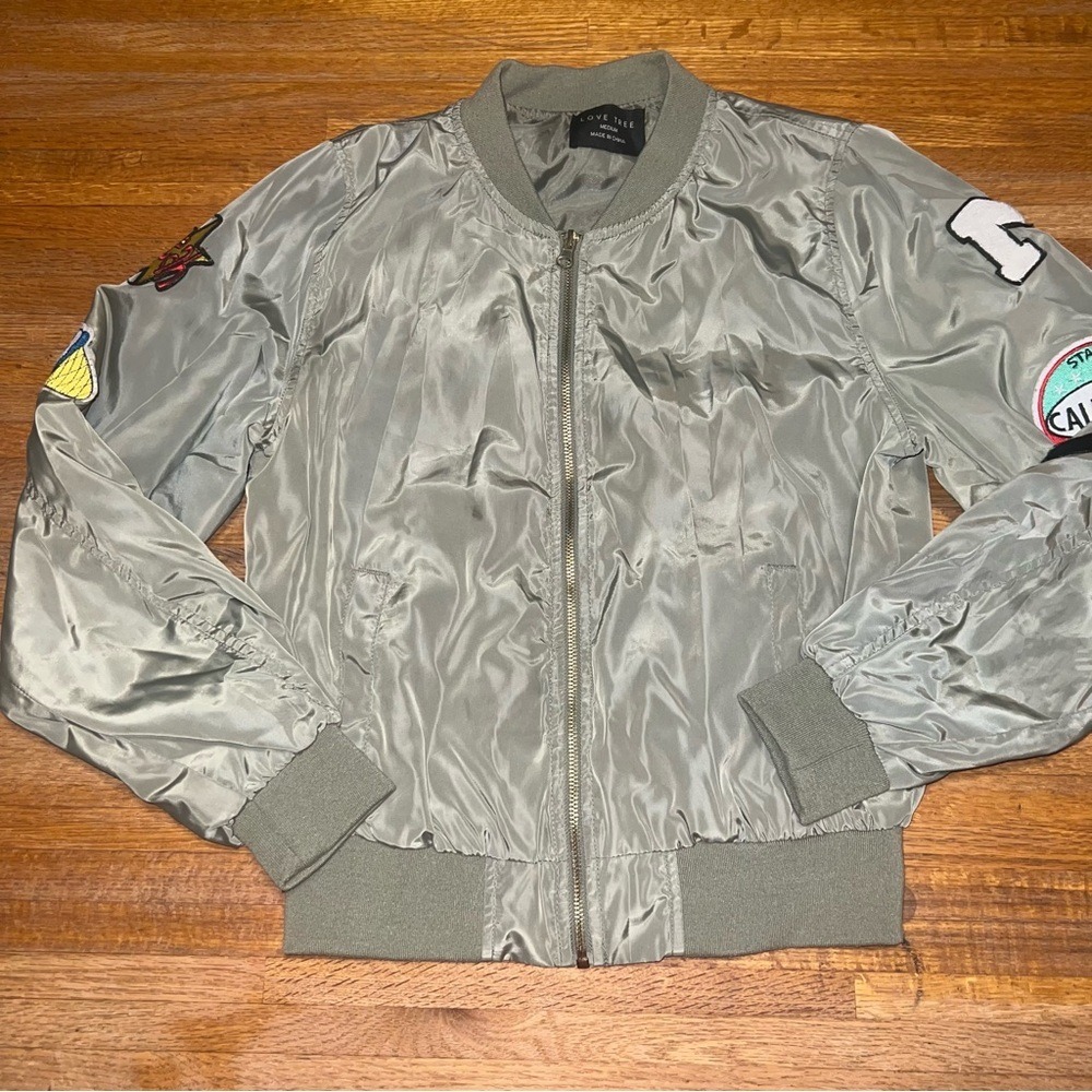 Love Tree‎ Girls Youth Medium Shiny Metallic Olive Patch Full Zip Bomber Jacket